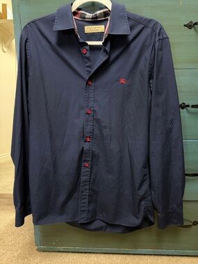 Burberry Navy Dress Shirt with Red Accents